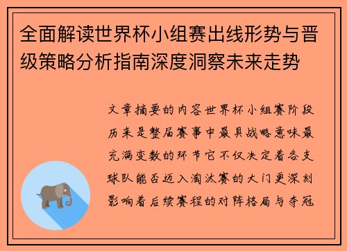 全面解读世界杯小组赛出线形势与晋级策略分析指南深度洞察未来走势